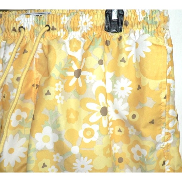 Free Planet Men's Elastic Waist Drawcord Floral Print Swim Trunks Yellow Large - Picture 3 of 9